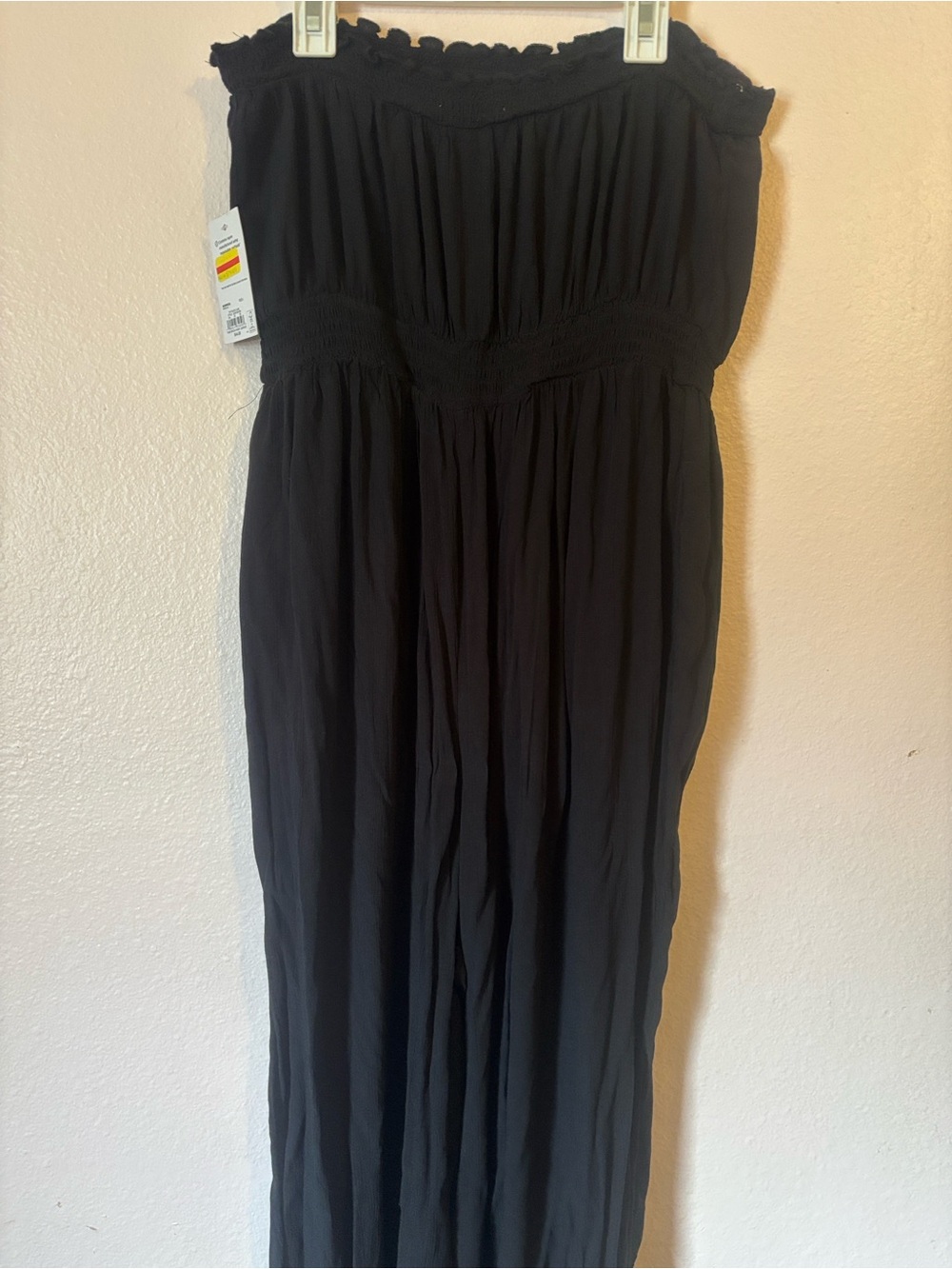 Woman’s Black Strapless Smocked Waist, Wide Leg Jumpsuit, Size L, NWT